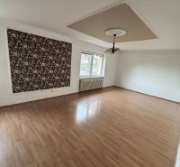Spacious room with wood-patterned flooring and decorative wallpaper in a family house.
