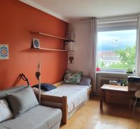 A room in a 3-room apartment with an orange wall and a wooden decor floor.