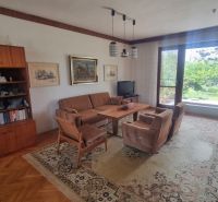 Living room in a family house with a wood-patterned floor and a large window.