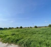 Green field in Kostolné Kračany at Amadeho Kračany, production facilities, blue sky.