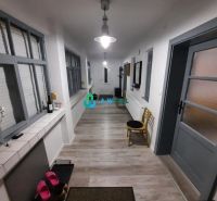 A narrow corridor in a family house with a wooden decor floor, light walls, and windows.