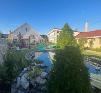 The garden of a family house in Orechová Potôň with a pond and a lawn.