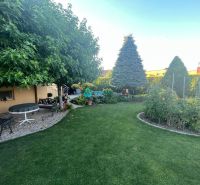 The garden of a family house in Orechová Potôň with a well-maintained lawn and various flowers.