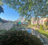 A garden with a pond and trimmed shrubs by a family house in Orechová Potôň.