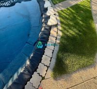 A garden at a family house in Orechová Potôň with a swimming pool and a gravel path.