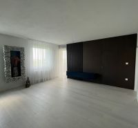 Living room with wood-patterned flooring, curtains, and a decorative mirror in a 3-room apartment.