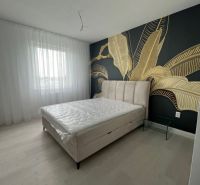 Bedroom in a 3-room apartment with a decorative wall and a wooden decor floor.