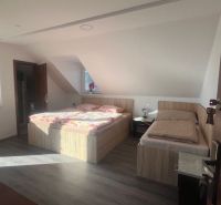 Interior of a building with a double bed, a single bed, and a floor with a wood decor.