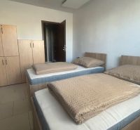 A room in a building with two beds and a wardrobe, a floor with a wooden decor.