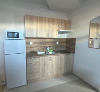 A kitchen unit with a wooden decor floor and appliances in the building.
