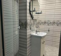 Bathroom with ceramic tiles, a shower corner, and a sink in a studio apartment.