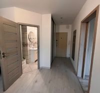 Hallway in a one-room apartment with a wooden decor floor and a bathroom.