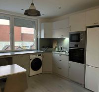 A kitchen with a dining table, built-in appliances, and a wooden decor floor in a studio apartment.