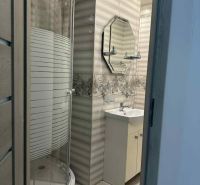 Bathroom with a glass shower enclosure and a sink in a studio apartment.