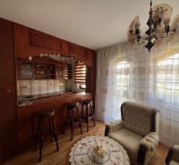 The interior of a family house with a bar counter, wooden decor flooring, and comfortable armchairs.