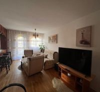 Living room of a family house with a wooden decor floor, a sofa, and a television.