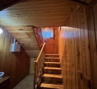 Wooden interior with staircase and lamp in a family house.