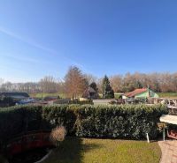 A garden in a family house in Gabčíkovo with a hedge and lawn.