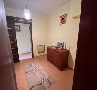 A hallway with carpet, wooden decor, a cabinet, and decoration in a family house.