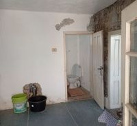 An older room with a toilet, a floor with a wooden decor, walls with peeling plaster.
