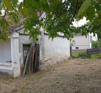 Older family house in Ňárad, damaged facade, yard with grass and a tree.