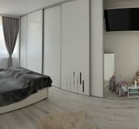 A bedroom in a family house with a wooden decor floor, curtains, a mirror, and a television.