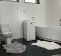 A bathroom in a family house with a bathtub, washing machine, toilet, and fluffy rugs.
