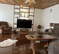 A bright living room in a family house with a brown sofa and a shelf with decorations.