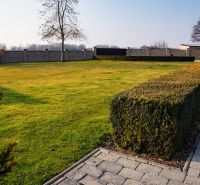 A landscaped garden of a family house in Dolný Bar with a lawn and a hedge.