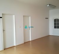 Offices with white walls and a wooden decor floor, three white doors.
