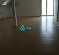 Empty offices with wood-patterned flooring and a large window.