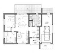 The floor plan of the family house shows two rooms, a living room, a kitchen, and a garage.