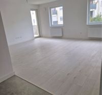 A spacious room in a 3-room apartment with a wooden decor floor and large windows.