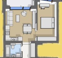 Floor plan of a 2-room apartment with wood-patterned flooring and a balcony.