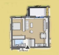 Floor plan of a 2-room apartment with furnishings and a wooden decor floor.