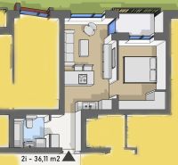 Floor plan of a 2-room apartment with wood-patterned flooring, a bathroom, and a kitchen.