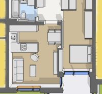 Floor plan of a 2-room apartment with wood-patterned flooring, includes a kitchen and a balcony.