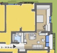Floor plan of a 2-room apartment with a kitchen, living room, and two balconies.