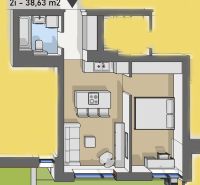 Floor plan of a 2-room apartment with a kitchen, bathroom, and wooden decor flooring.