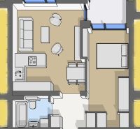 Floor plan of a 2-room apartment with wood-patterned flooring, kitchen, and bathroom.