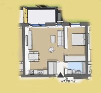 Floor plan of a 2-room apartment with an open kitchen, living room, and bathroom.