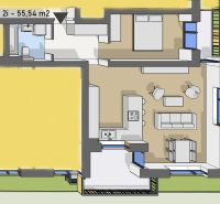 Floor plan of a 2-room apartment with a kitchen, living area, and bathroom.