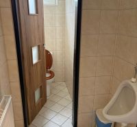 Toilets with wooden interior decor and tiles.