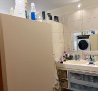 A bathroom in a family house with a double sink and a washing machine in the background.