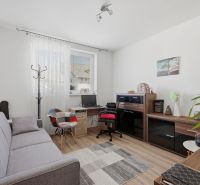 Living room with a computer desk, sofa, and wooden decor flooring in a family house.