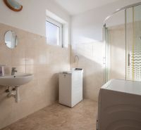 A bathroom in a family house with a shower, a sink, and a washing machine.