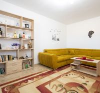 Living room in a family house with a library, yellow sofa, and carpet.