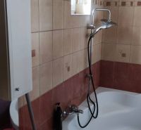 Family house bathroom with a bathtub, shower, and tiles in warm tones.