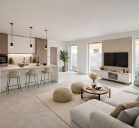 Kitchen and living room with an island, light sofa, and television in a family house.