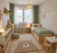 Children's room with pastel decorations, wooden furniture, and a floor with a wooden decor.